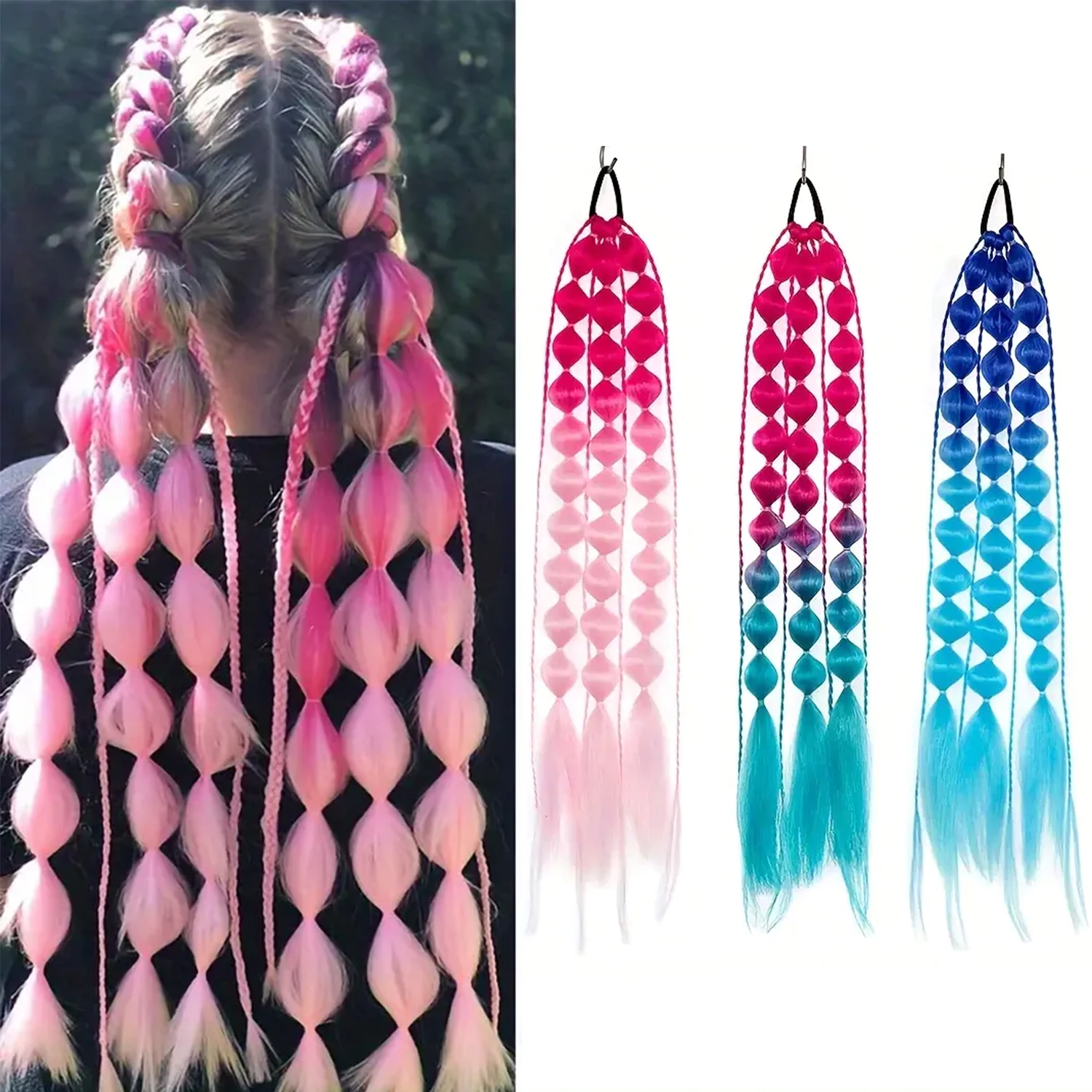 

Цветные синтетические удлинители волос, 20 ”легкие Пузырьковые удлинители для хвоста для детей, плетеная пузырьковая оплетка с переходом цвета, эластичная