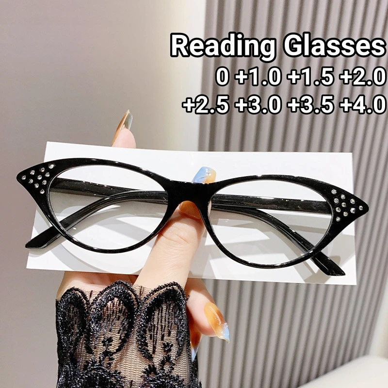 

High end diamond studded reading glasses ultra light cat eye presbyopia glasses anti blue light Hyperopia Eyeglasses 0 to +4.0