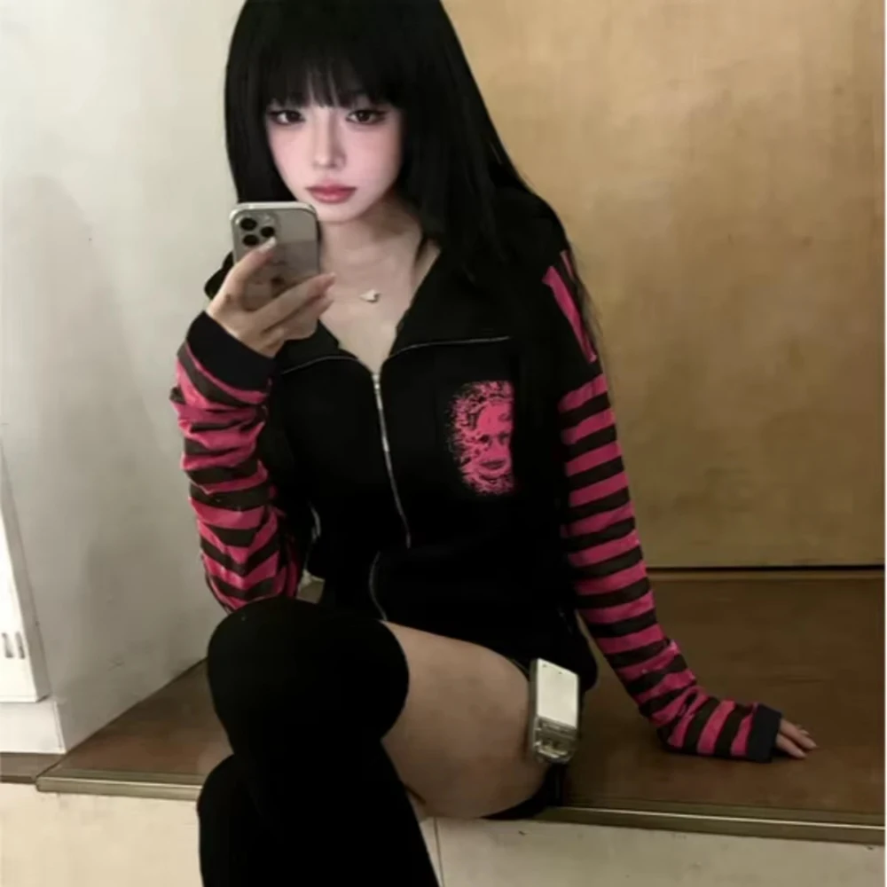 Women Punk Zip Up Hooded Cardigan, Dark Pink & Black Skeleton Printed Striped Sleeve Y2K Streetwear Casual Hoodie Jacket