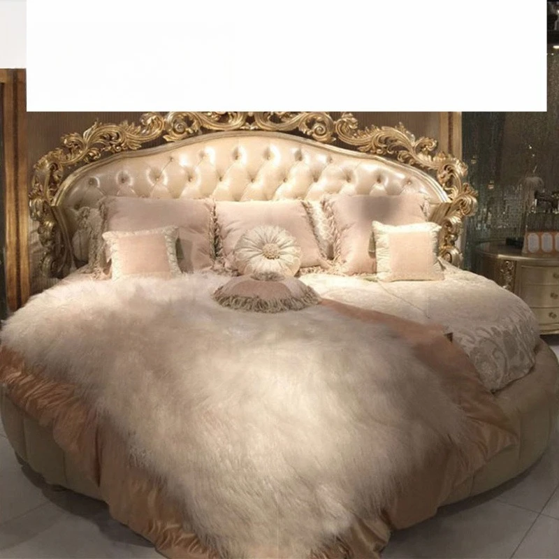European romantic French villa solid wood master bedroom round wedding bed neoclassical leather round bed