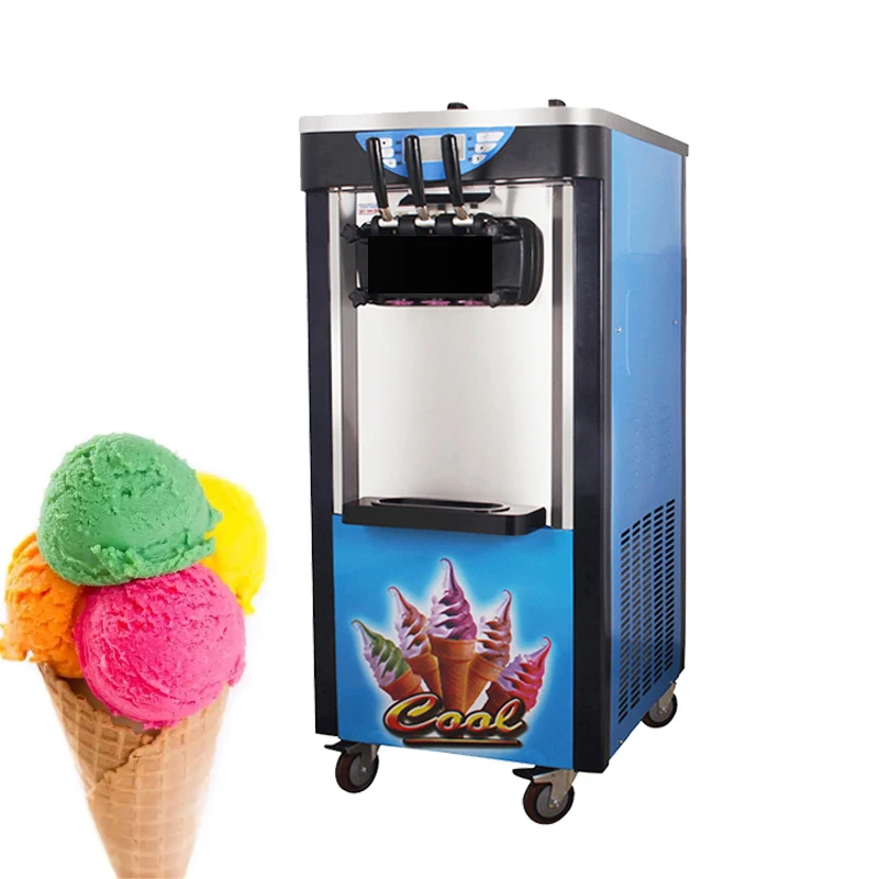 Electric Vertical Soft Ice Cream Machine With Three Flavors. The Sundae Machine Has a Pre Cooling And Storage Function