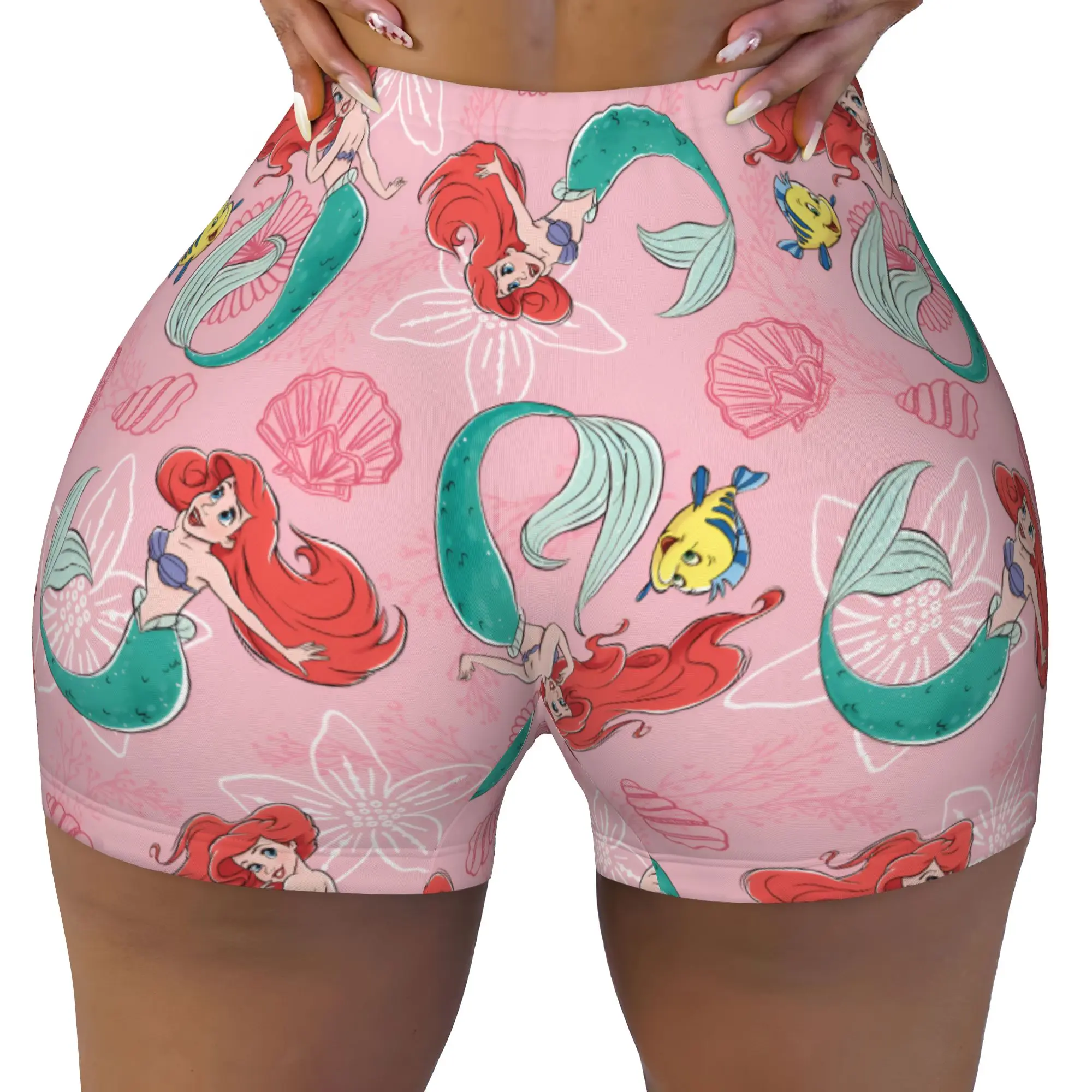 Custom Littles Anime Mermaides Workout Shorts for Women Fish Manga Gym Volleyball Biker Yoga Shorts