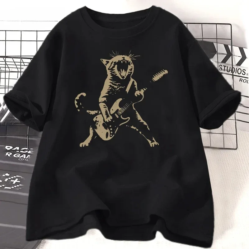

2025 Summer Rock Cat Guitar Men's T-shirt with Interesting patterns Harajuku Casual short-sleeved loose top