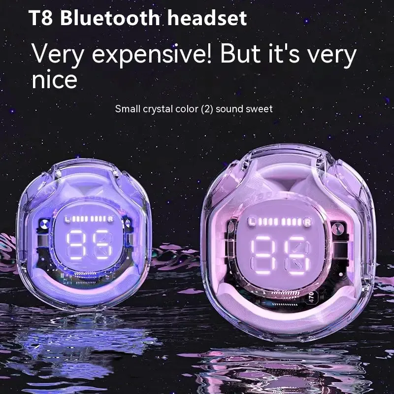 T8 TWS Wireless Bluetooth Headset Transparent ENC Headphones LED Power Digital Display Stereo Sound Earphones for Sports Working