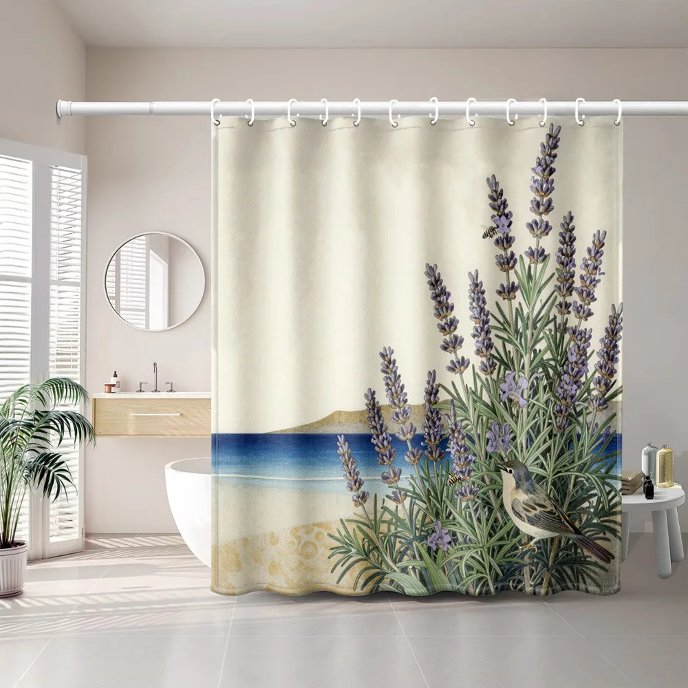 1pc Seaside Lavender Field with Small Birds Natural Scenery Print Shower Curtain, Bathroom Home Decor, Includes Plastic Hooks, S