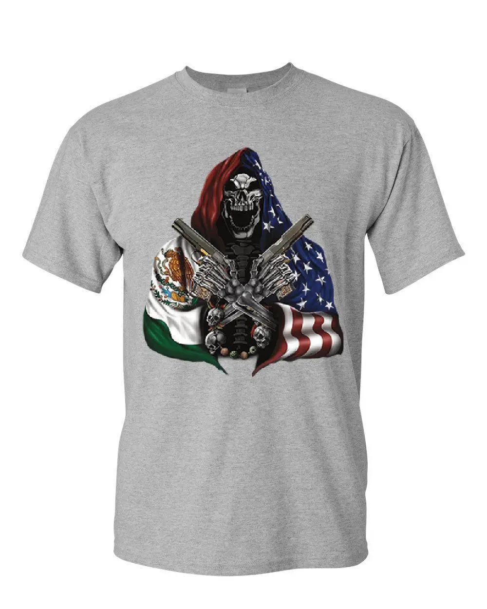 Novel American Mexican Flag Patriot Skeleton Hitman with Guns T-Shirt. Summer Cotton Short Sleeve O-Neck Mens T Shirt New S-3XL