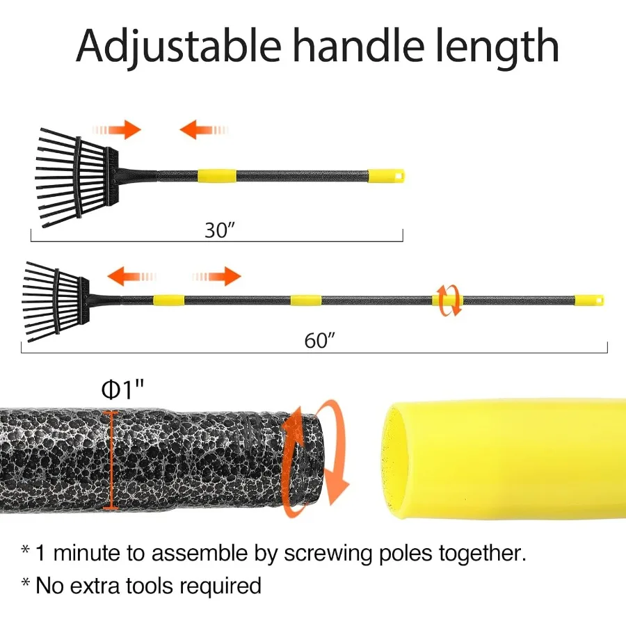 Oliynedy Adjustable Metal Garden Rake for Leaves Long Handle 3060 Inches with 11 Tines and 9Inch Width Compact Collapsible Desi