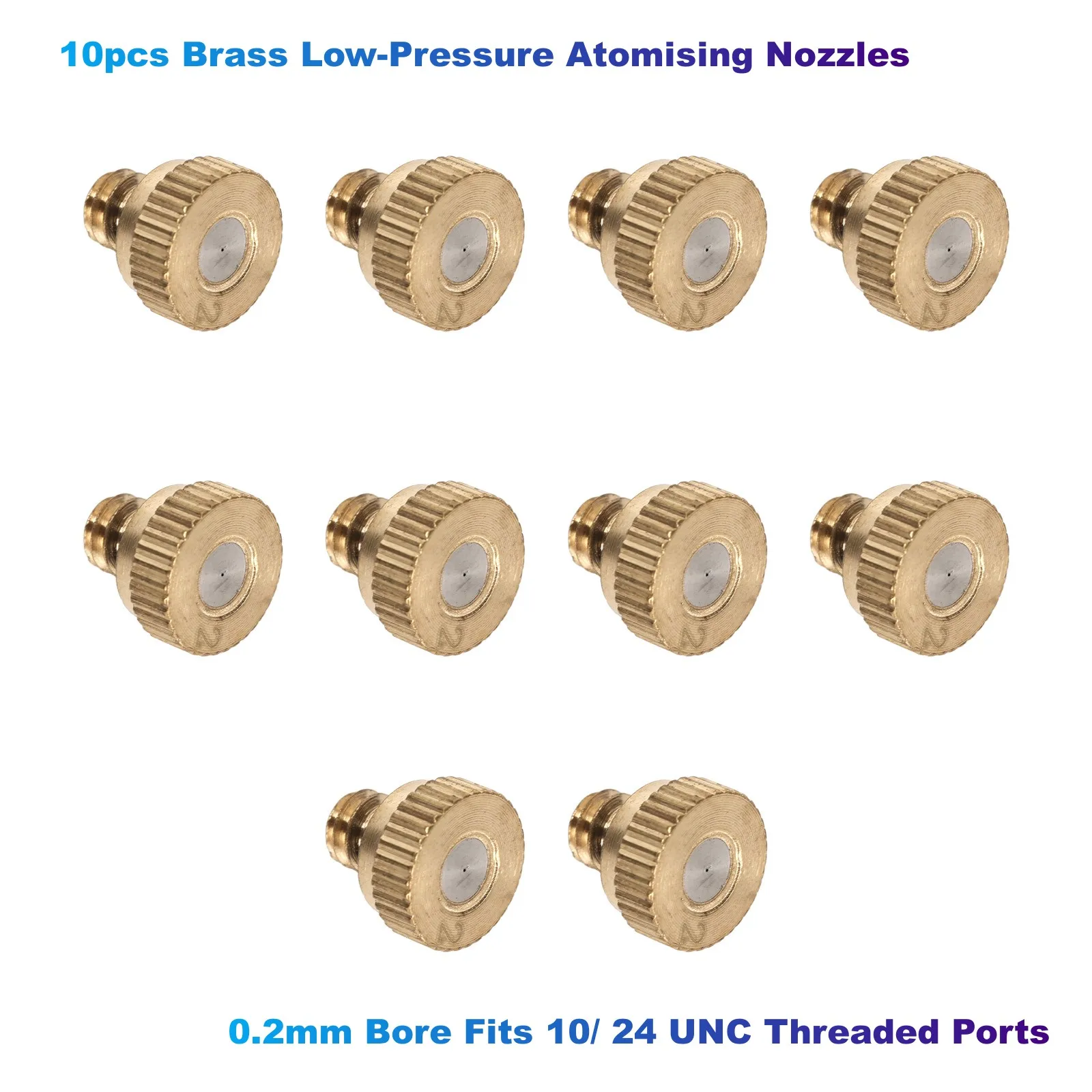 10pcs Brass Low-Pressure Atomising Nozzles With Washer 0.2mm Bore Fits 10/ 24 UNC Threaded Ports Used for Landscaping, Outdoor