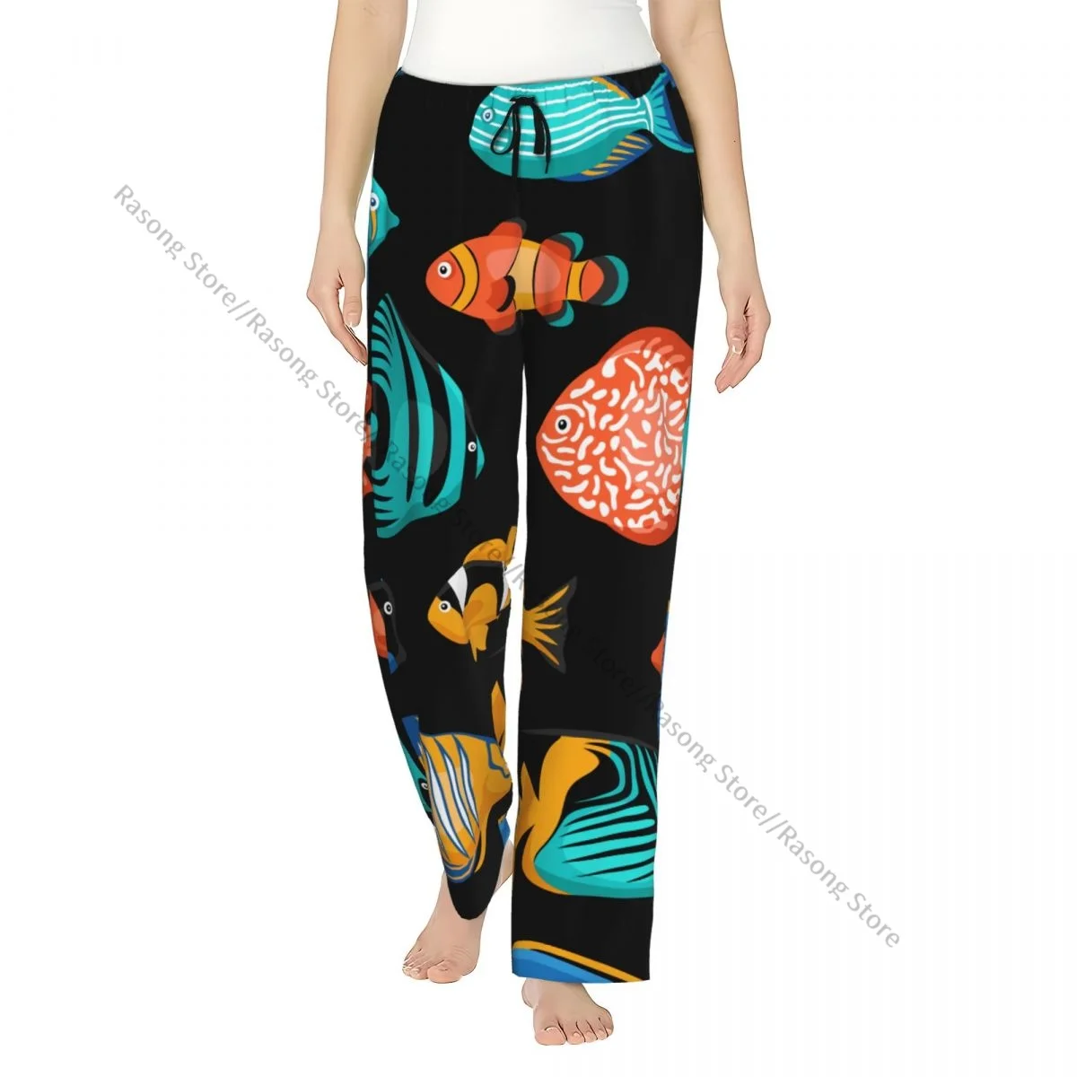 Warm Women Pajama Pants Tropical Fish Flannel Sleep Bottoms Soft Fleece Loungewear