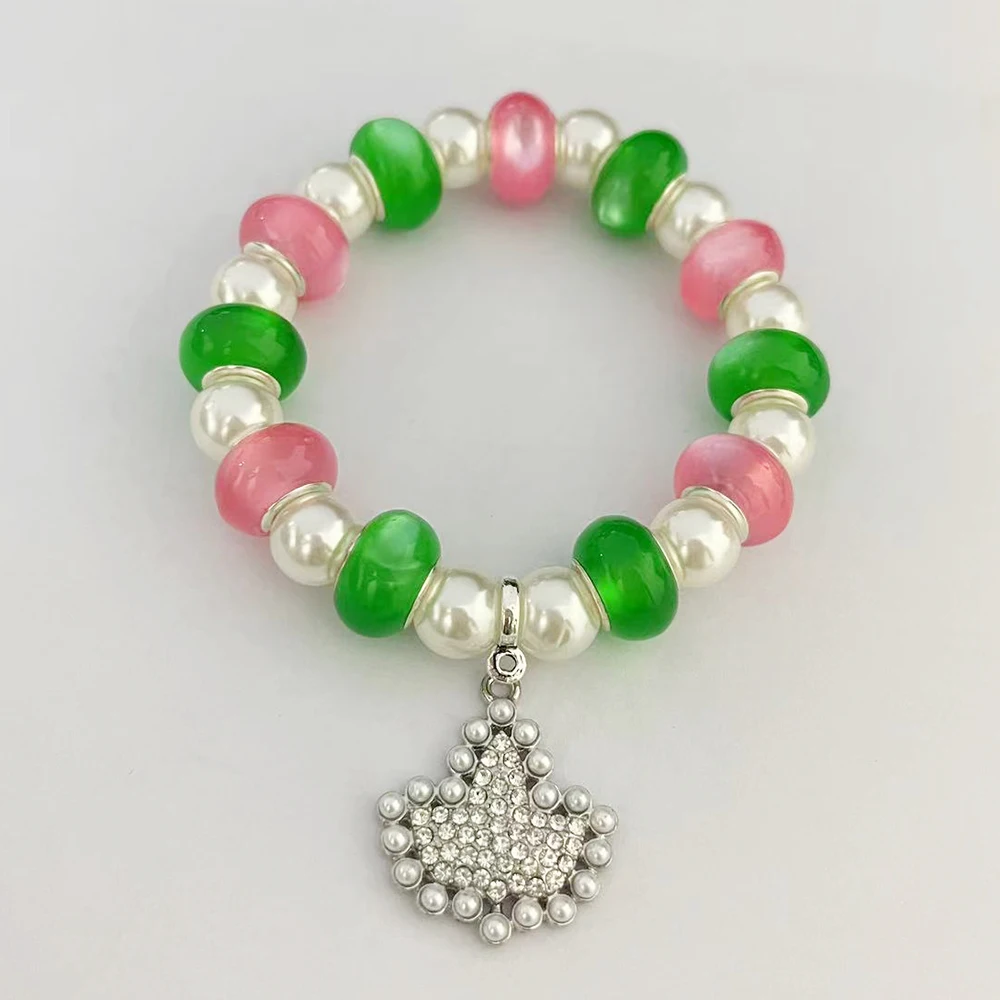 PINK&GREEN&WHITE BEAD PEARL DIAMOND IVY LEAF PENDANT BRACELET