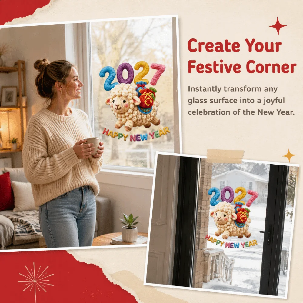 2027 New Year Static Window Cling 3D Effect No Glue Sheep Sticker Decal Removable Double Sided Sheep Wall Sticker Party Office