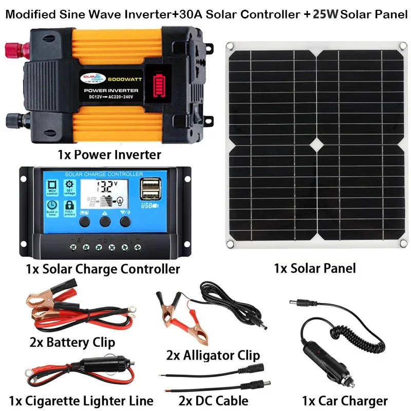 

110V/220V Solar Power System 6000W Modified Sine Wave Inverter 25W Solar Panel 30A Controller Power Generation Kit for Camping