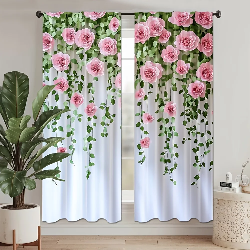 2PCS Digital Printed Curtains, Green Leaves Pink Rose Botanical Floral, Window Curtains for Living Room Bedroom Home Decoration