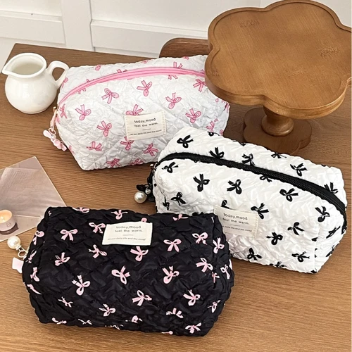 Imagen 1 del producto Bolso de mano cuadrado a la moda para mujer, bolsa de maquillaje portátil, bonita bolsa de almacenamiento de artículos de tocador y cosméticos, bolso con cremallera con estampado de lazo