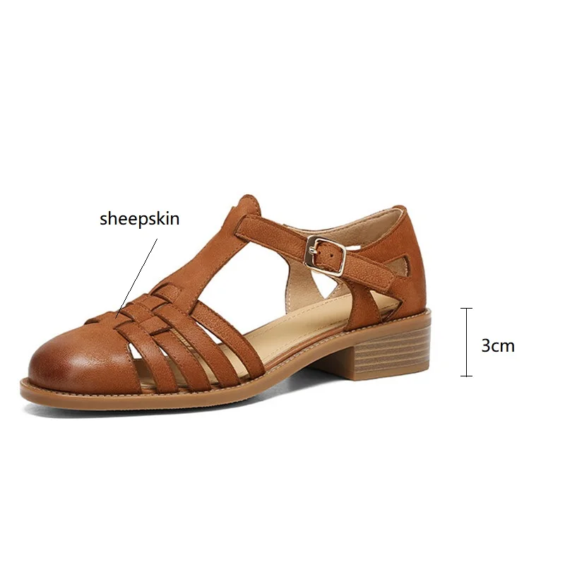 New Summer Sandals Genuine Leather Sandals Casual French Retro Round Toe Hollow Out GLADIATOR Sheepskin Sandals Thick Heel Shoes