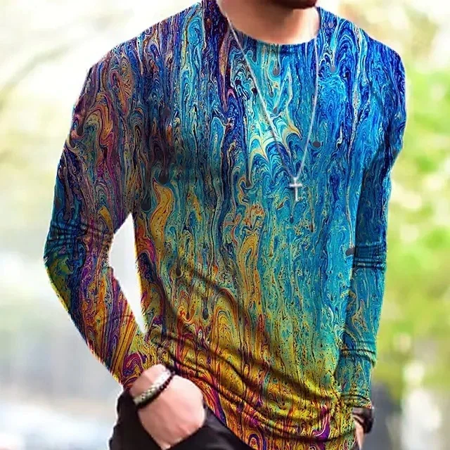 Men's Vintage Tie dye Long Sleeve T-shirts Camouflage Print Oversize Tops Casual Crew Neck Shirts Jesus 3D Printed Tops