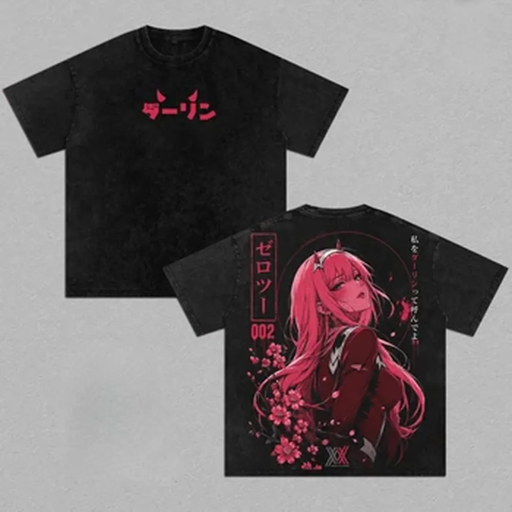 Zero Two Anime T-shirt DARLING In The FRANXX Vintage Washed T Shirt For Men Clothing Summer Harajuku Trendy Cotton Tees Clothes