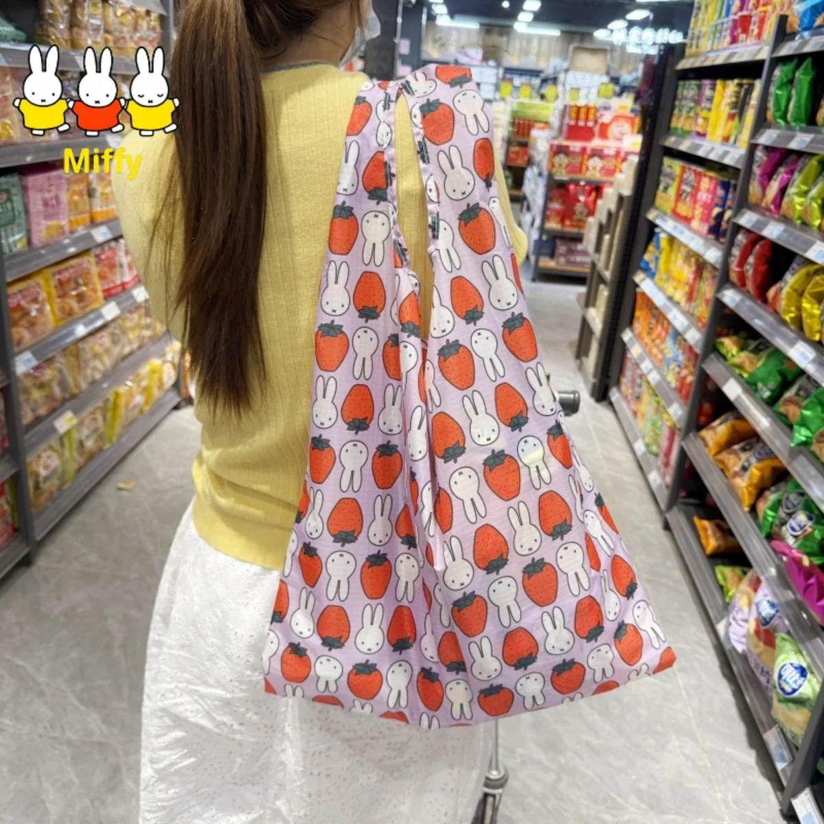 Bolso de un solo hombro Kawaii Miffy Rabbit, bolso de compras ecológico de gran capacidad con dibujos animados y lindo, bolso portátil plegable