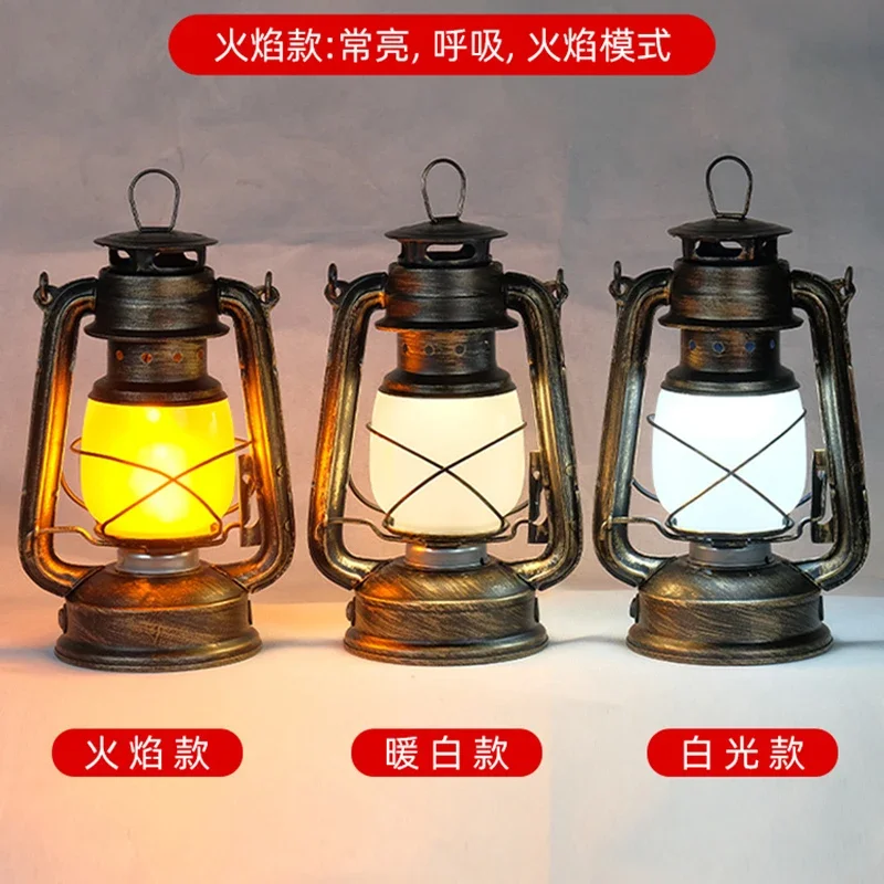 Retro Portable Lantern Outdoor Camping Kerosene Lamp Dynamic Flame Lamp Battery Powered LED Table Lamp Night Light Horse Lantern