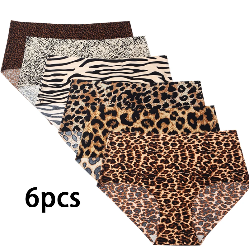 6pcs Women's Seamless Ice Silk Panties Female Mid Waist Plus Size Leopard Print Underwear Girls Fashion Brief Lady Comfort Panty