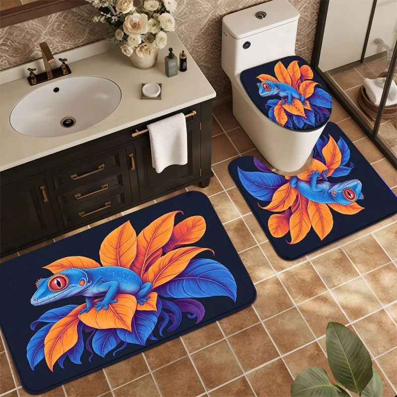 

3 Piece Blue Gecko Bathroom Rug Set Colorful Leaf Print Non Slip Absorbent Bath Mat Toilet Lid Cover Floor Carpet Home Decor