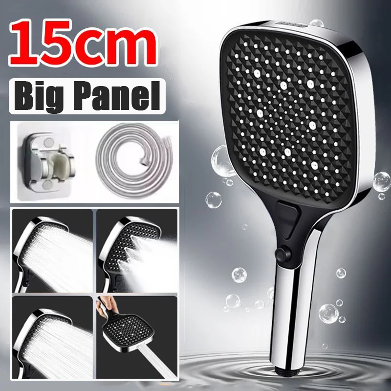 New 15CM Big Panel Massage Spa Pressurized Shower Head Square 4 Modes High Pressure Large Flow Rainfall Bathroom Handheld Shower