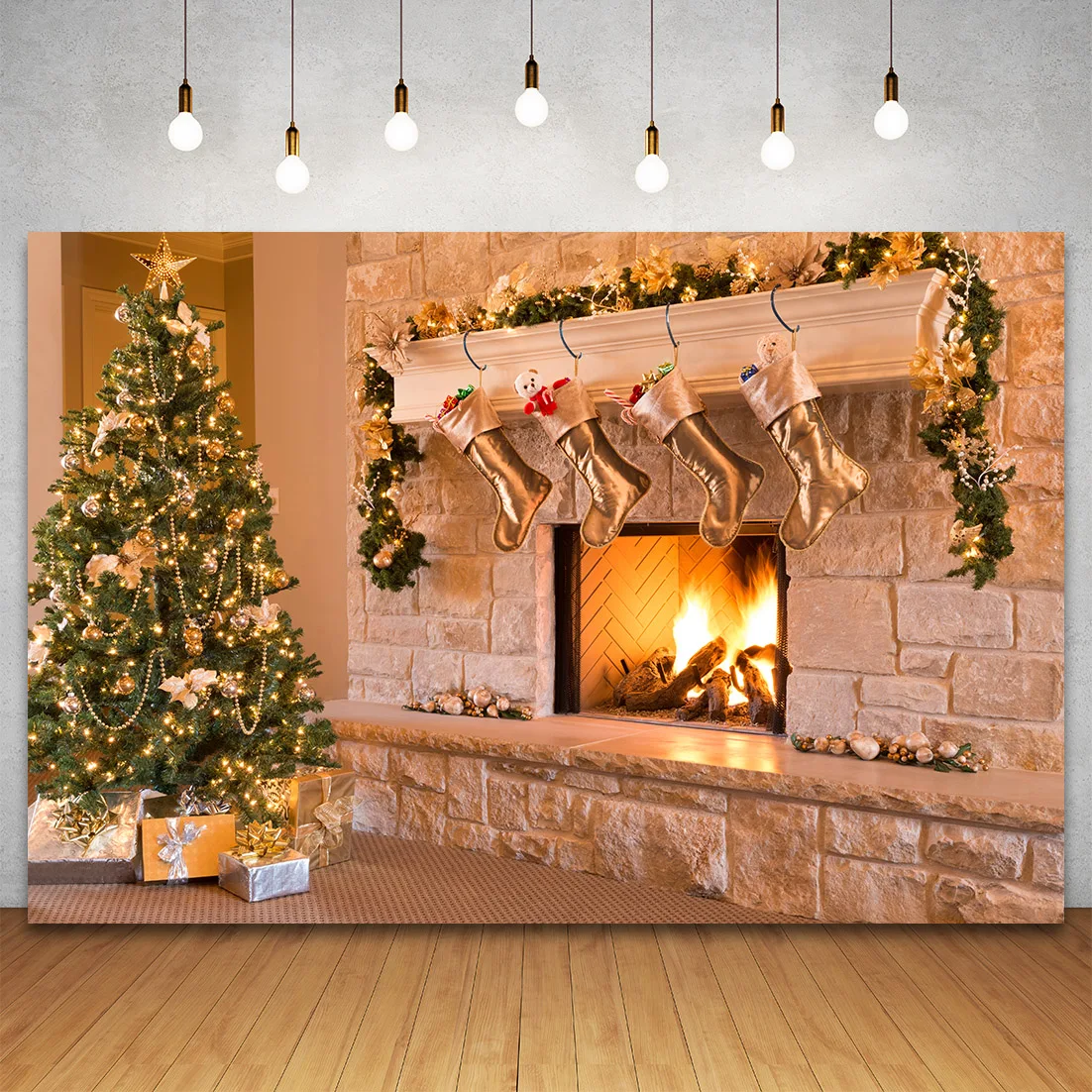 Christmas Background Photography Banner Winter Fireplace Fire Xms Tree Gift Room Decor Festival Party Backdrop Photo Studio Prop