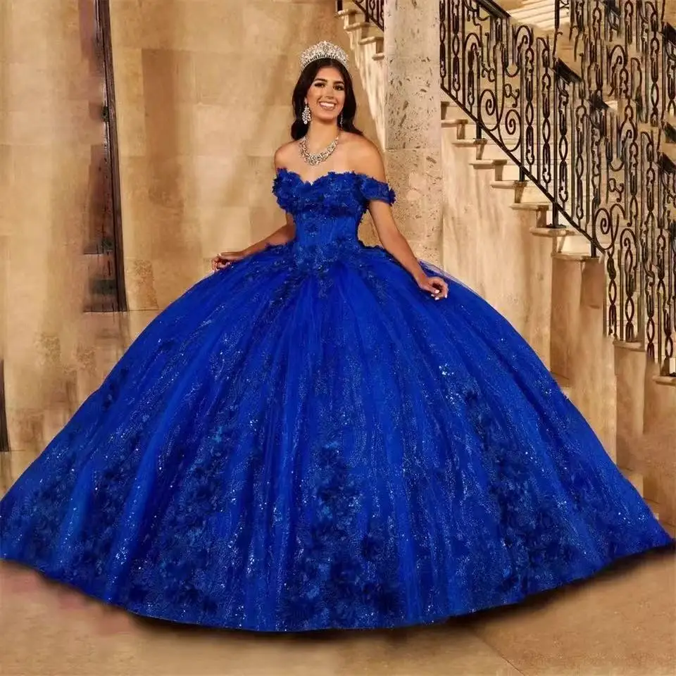 MYYBLE Maßgeschneiderte königsblaue Quinceanera-Kleider mit Pailletten, handgefertigten 3D-Blumen, Sweet-16-Kleid, Ballkleid, Schnürung, Vestidos De 15