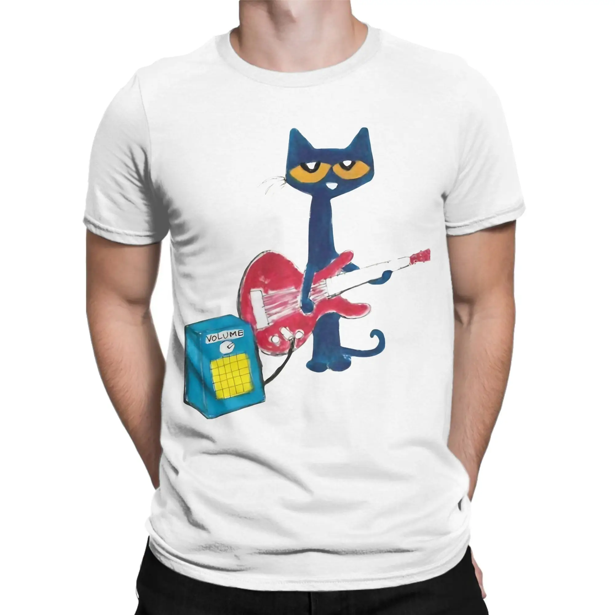 Petes the cat   playing guitar  T-Shirt Men's 100%Cotton Tops Shirts Casual  Round Neck Short Sleeve