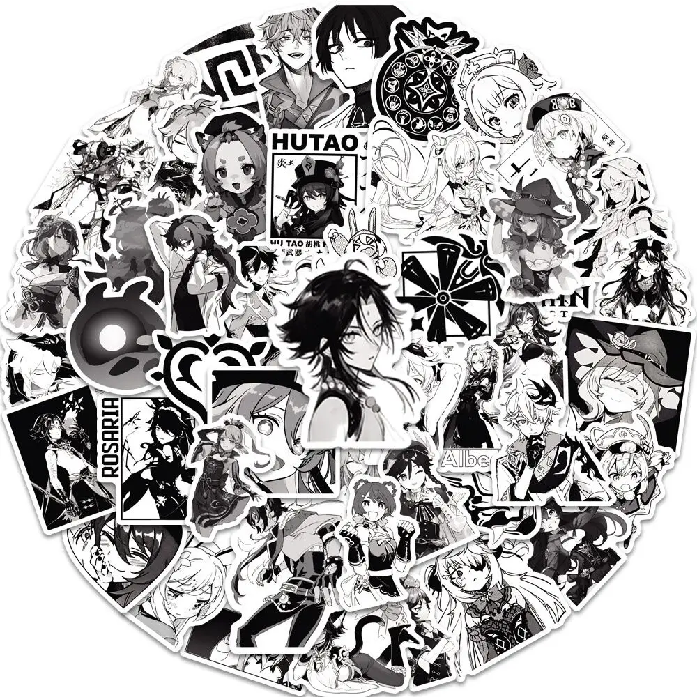 10/50pcs Anime Black and White Genshin Impact Game Stickers Vinyl Decals DIY Scrapbooking Luggage Laptop Car Decoration Sticker