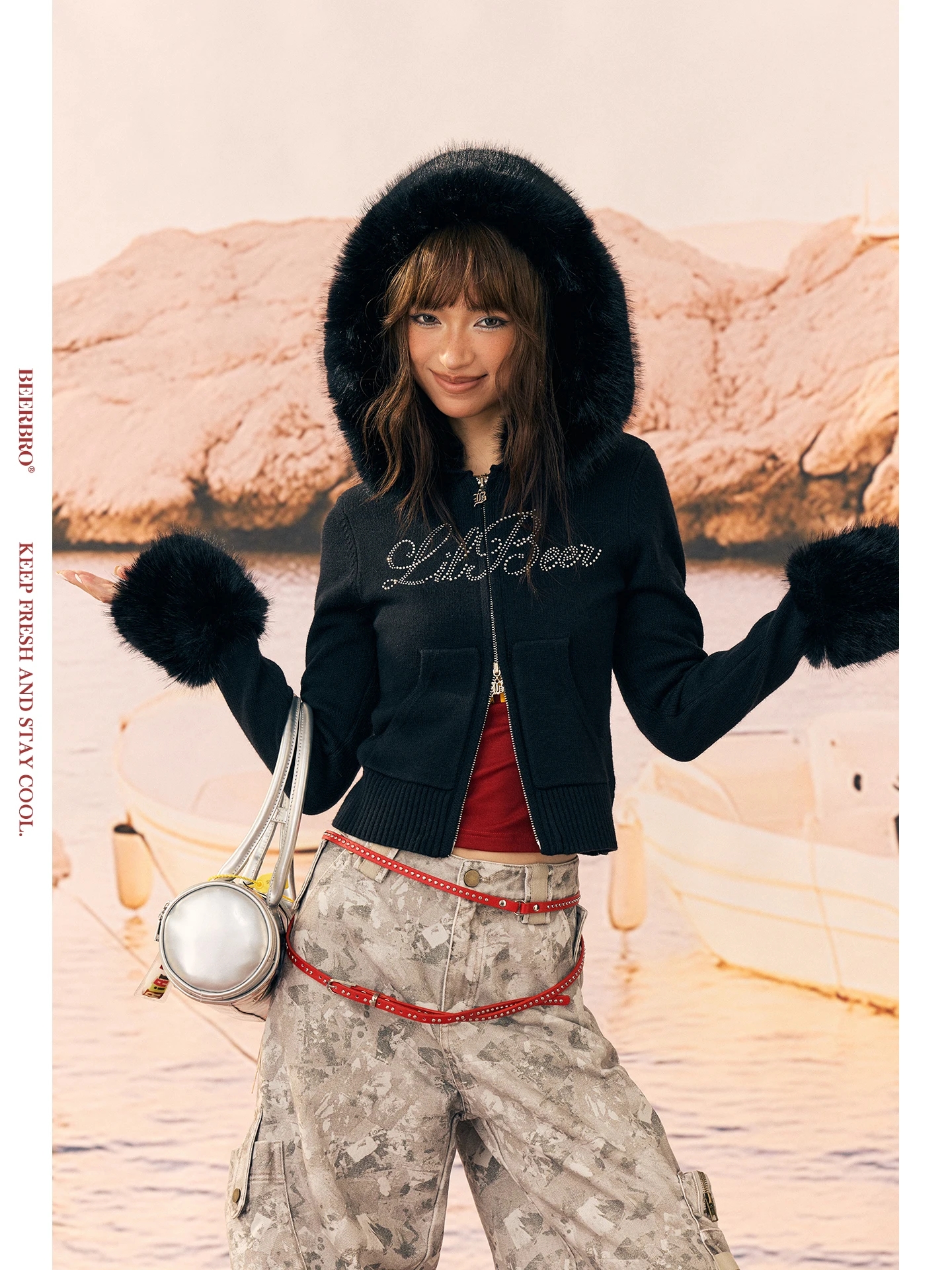 

BeerBro Soft Comfortable Knitted Crop Hoodie Cardigan for Trendy Girls Slim Fit Autumn Winter Street Sle Long Sve Sweater