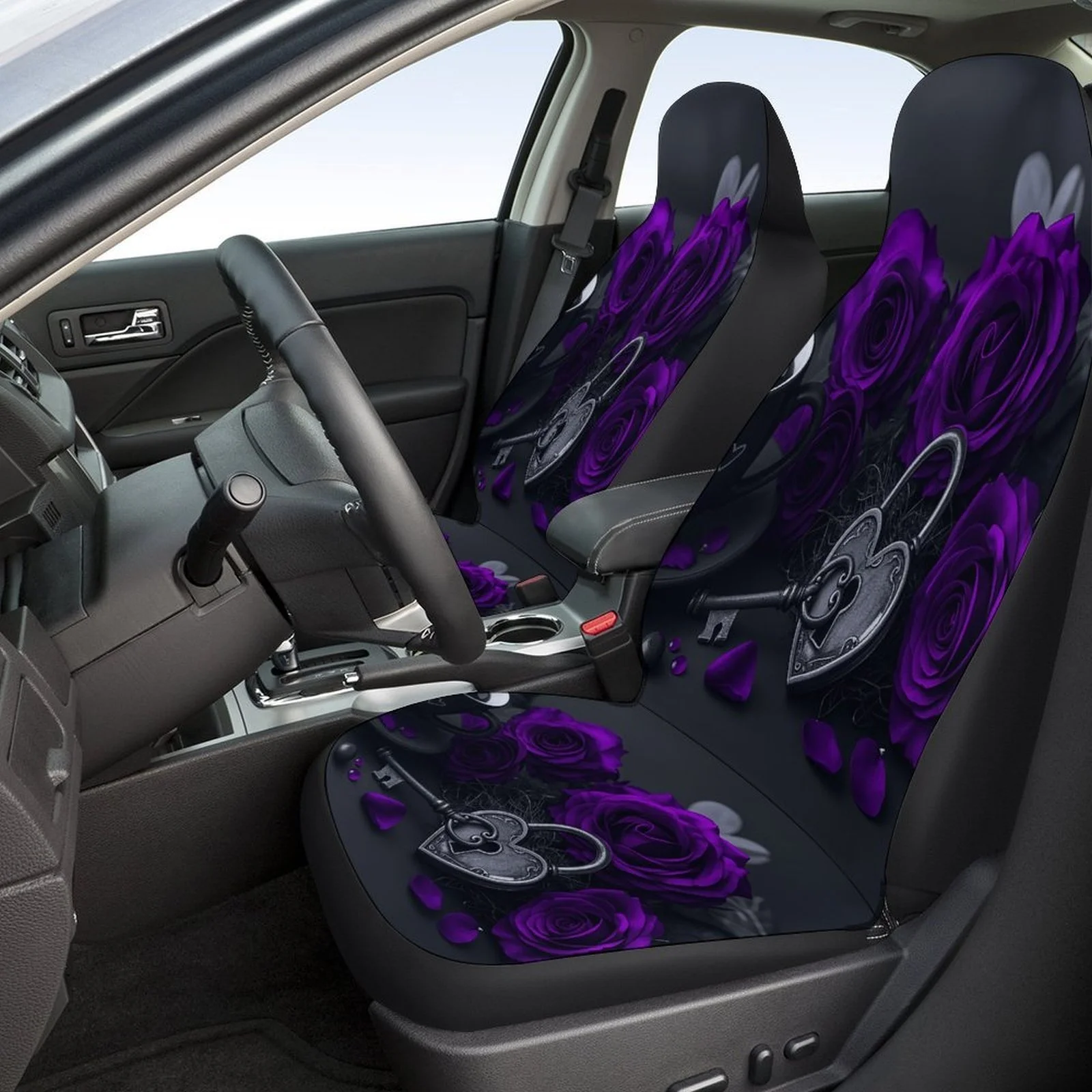 A Complete Set Of Car Seat Covers Featuring A Design Of Purple Roses And A Heart Lock, Suitable For Most Vehicles. These Stylish