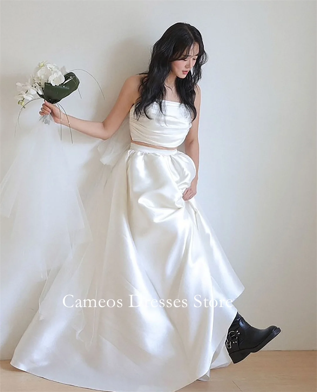 Sondr personalizado sem alças sem mangas vestidos de casamento simples duas peças cetim espartilho coreia vestidos de noiva feminino