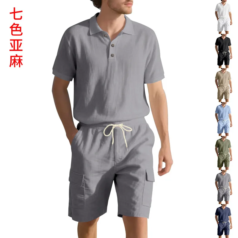 Pop New Men's Summer Suit Outdoor Hawaiian Vacation Simple Linen Breathable LoosePOLOShort Sleeve+Cargo Shorts Casual Set