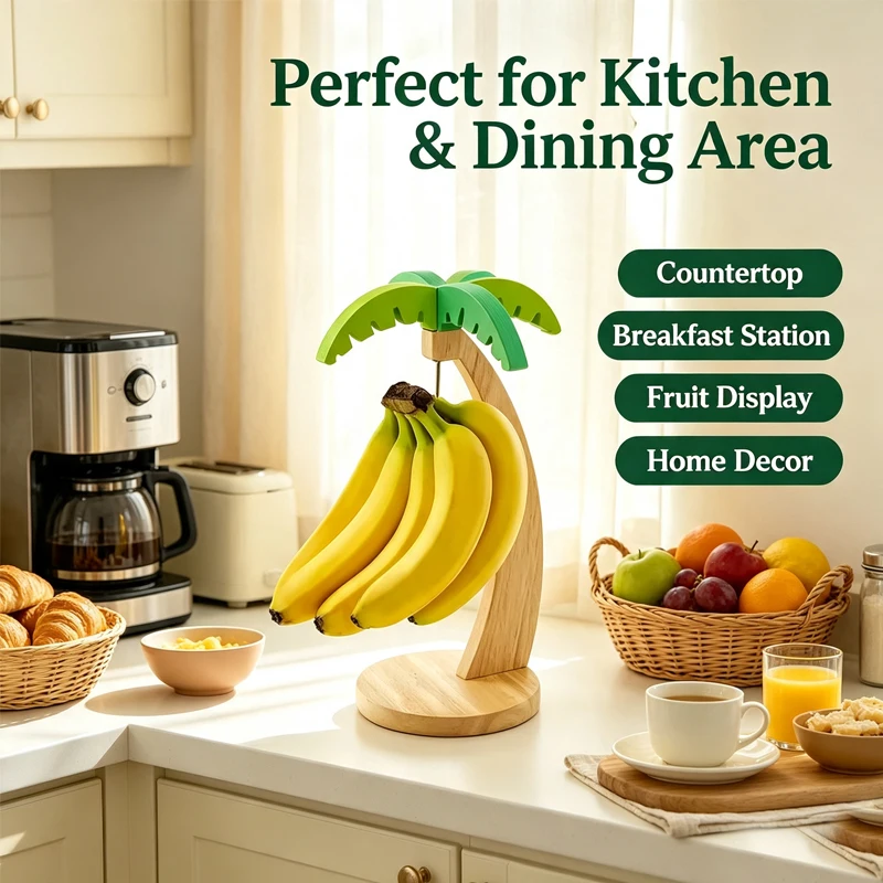 Wooden Banana Rack Hanging Kitchen Rack Simulated Leaf Decorative Fruit Vertical Storage Rack with Hook Kitchen Decoration