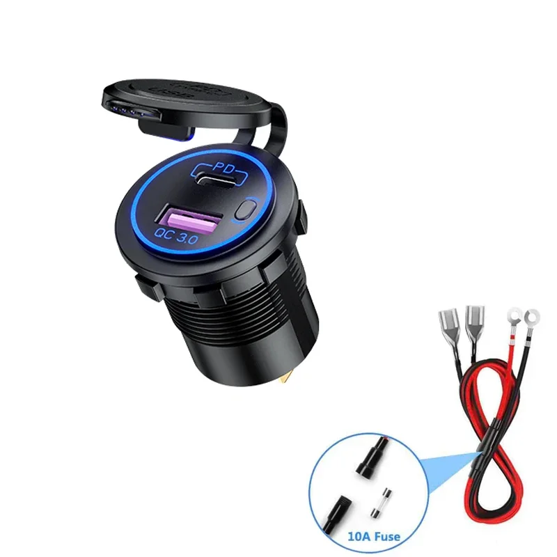 

DIY 12V/24V PD Type C Car Charger ON/OFF Switch QC 3.0 Quick Charger Waterproof 36W Charger Power Delivery with Fuse 60cm Cable