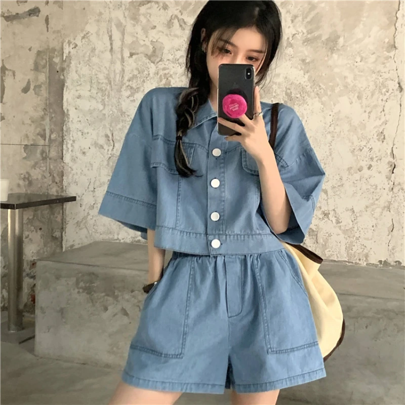 2023 New Summer Fashion Denim Two-piece Set Women Short Sleeve Short Coat + High Waist Slim Shorts Casual Y2K Shorts Set Outfits