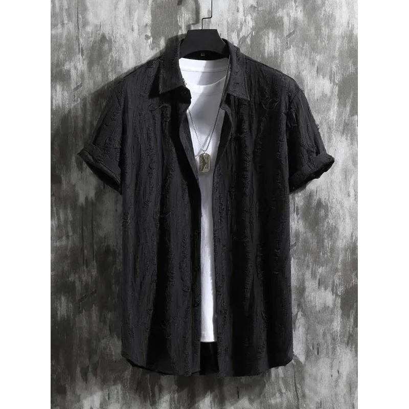 Summer Knitting Fashion Loose Casual Men's Hollow Short Sleeve Shirt Men's Top