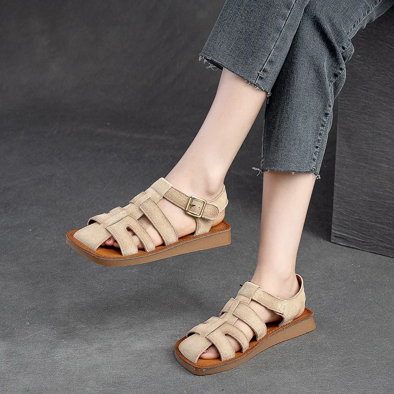 Genuine Leather 2024 Summer New Retro Hollow-out Breathable Sandals Casual Comfortable Women Flats Shoes