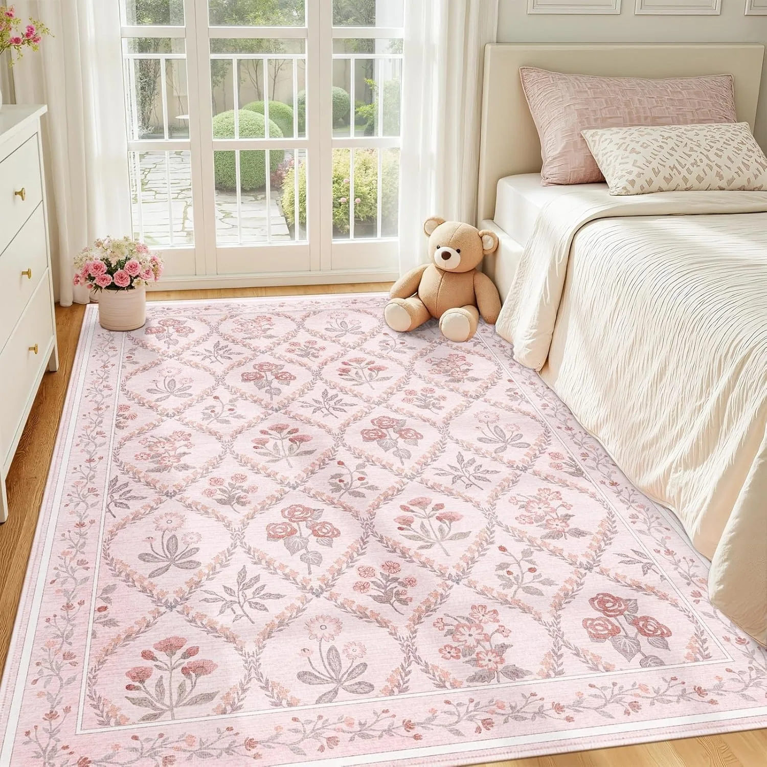 

Pink Bedroom Carpet for Nursery Boho Home Decoration Cute Floral Living Room Rugs Washable Large Soft Bedside Non-slip Floor Mat