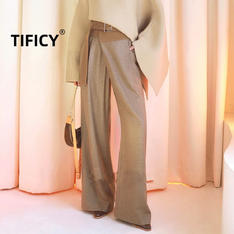 Autumn Blazer Pant New Style Commuting Irregular Spliced Contrast Color Design High Waist Lace Up Wide Leg Pants