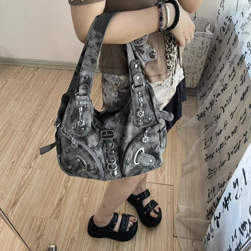 MBTI Y2k Vintage Shoulder Bag for Women Gothic Fashion Tie-dye Tote Bag Aesthetic Large Capacity Luxury Designer Female Handbag