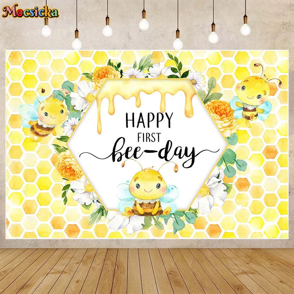 

Mocsicka Sweet Bee Baby 1st Birthday Party Backdrop Decoration Happy First Bee-day Photography Background for Photo Shoot Props