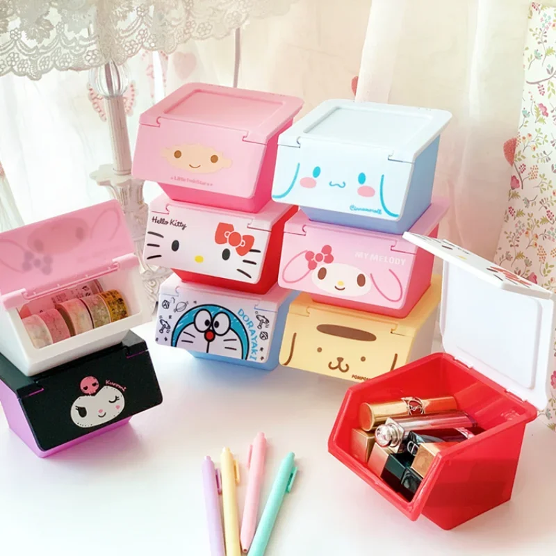 Hello Kitty Desktop Storage Box Cartoon pieghevole Cover scatola di plastica per rossetto cosmetici gioielli Cotton fioc Organizer regali