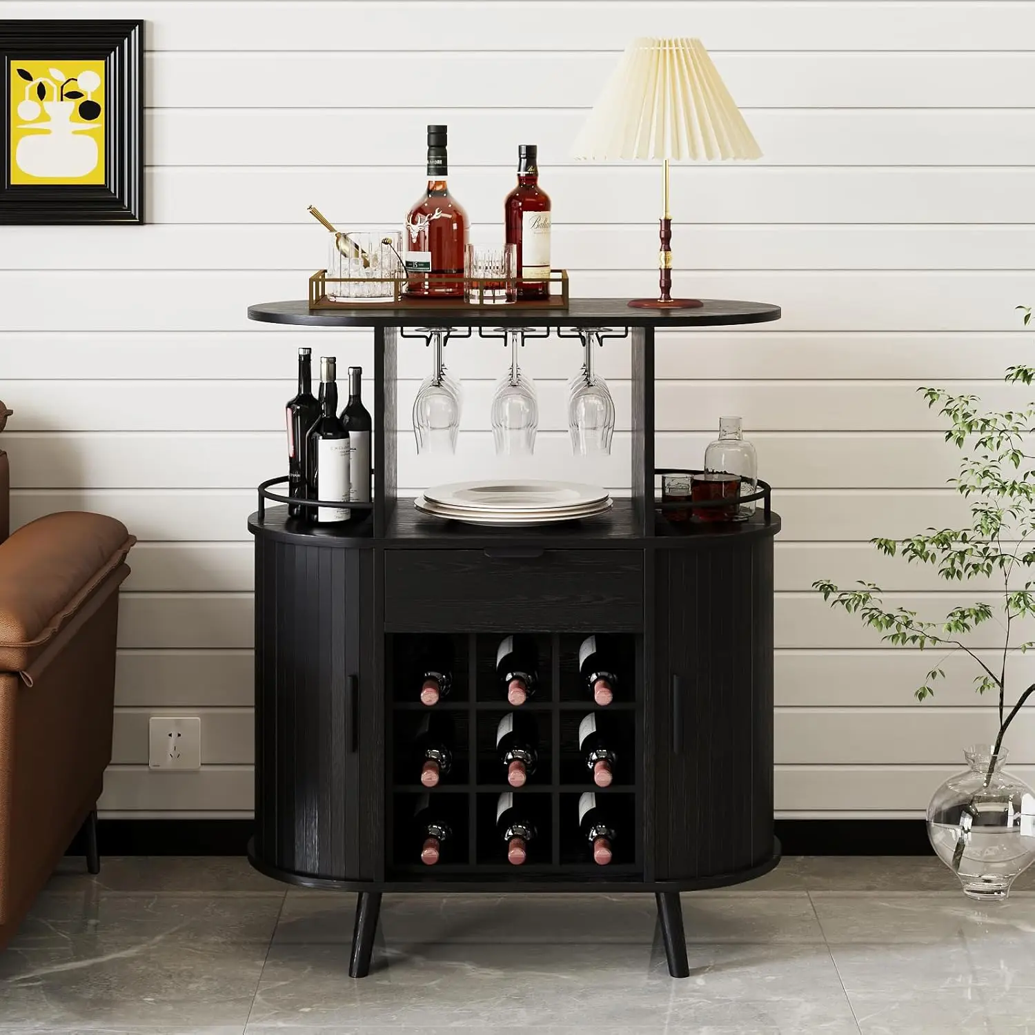 

Black Home Bar Cabinet with Wine Rack Sliding Doors for Living Room Kitchen Dining Room, Customized