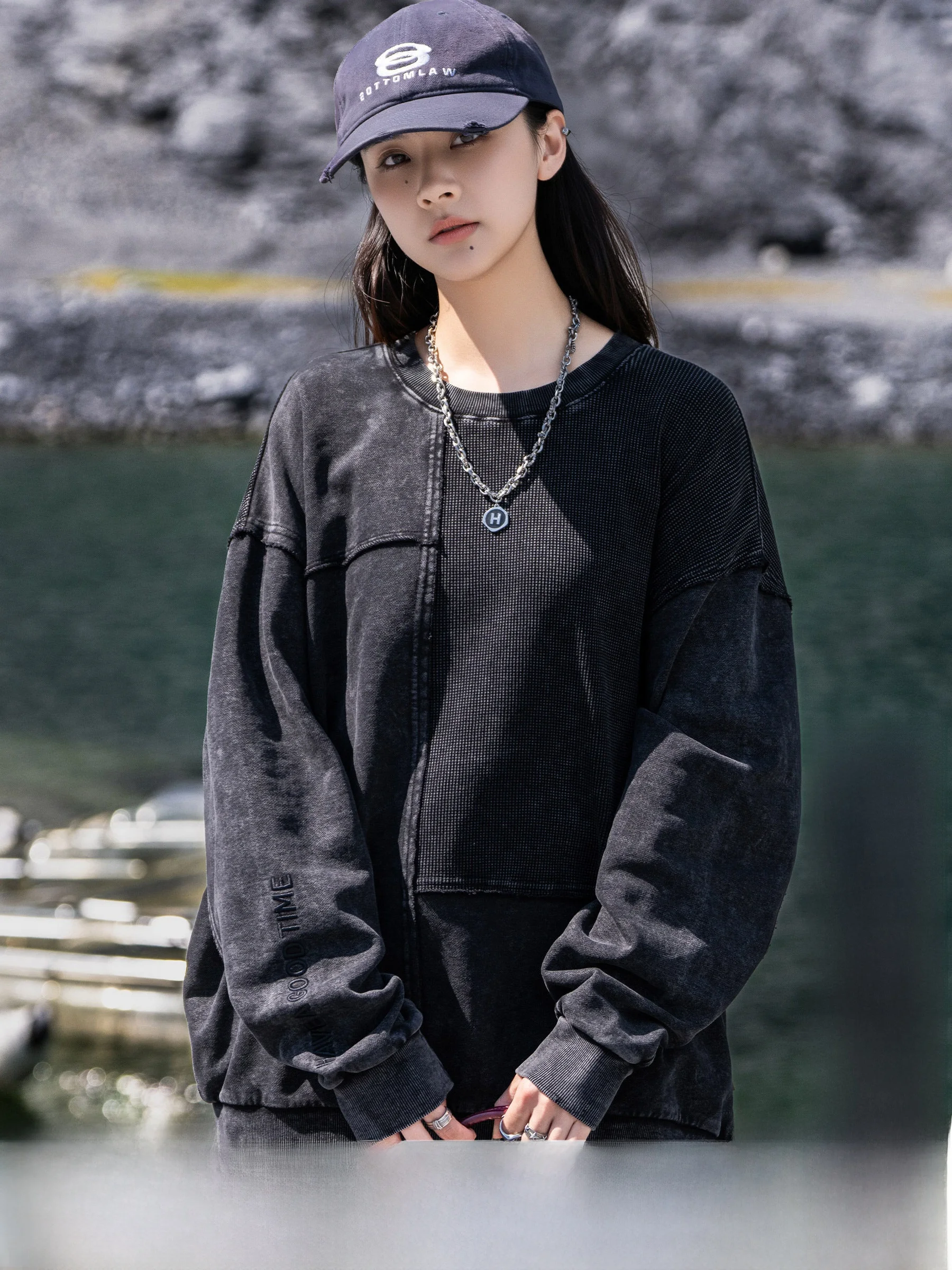 Loose Fit Long Sleeve Crew Neck Sweatshirt Unisex Autumn Winter New Style Trendy Brand Waffle Pattern Splicing Casual Wear