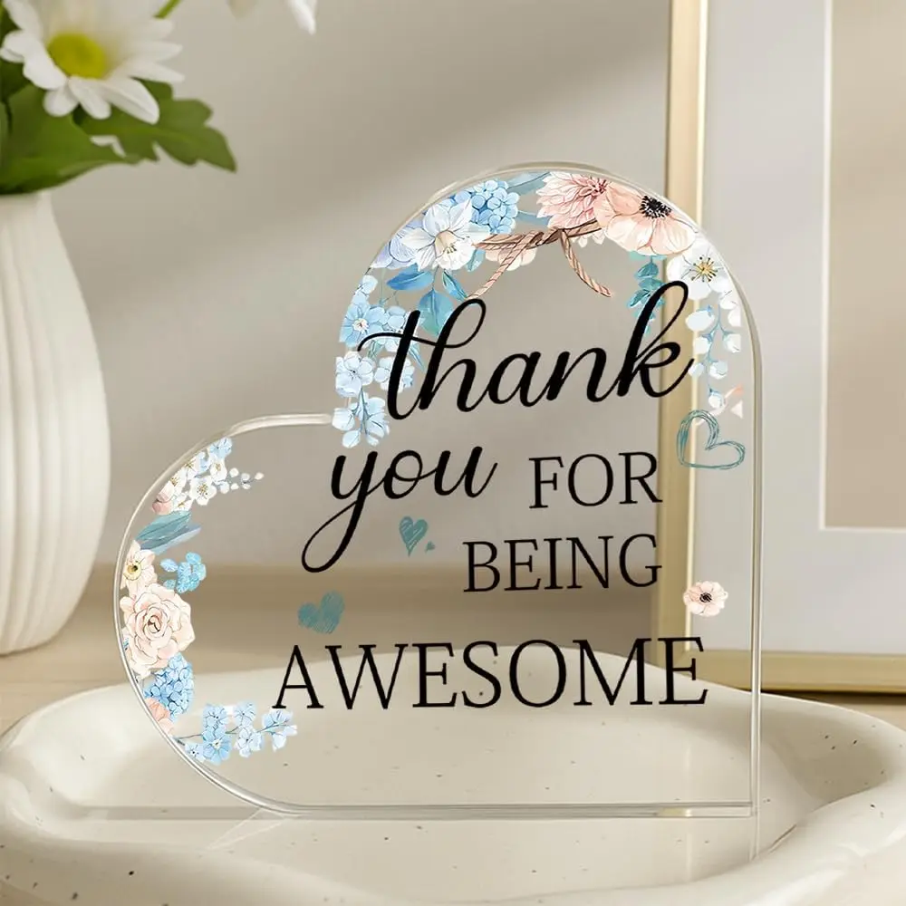 Sentimental Gratitude Clear Heart Acrylic Sign, Floral Arch Desktop Ornament for Thank‑You Occasion