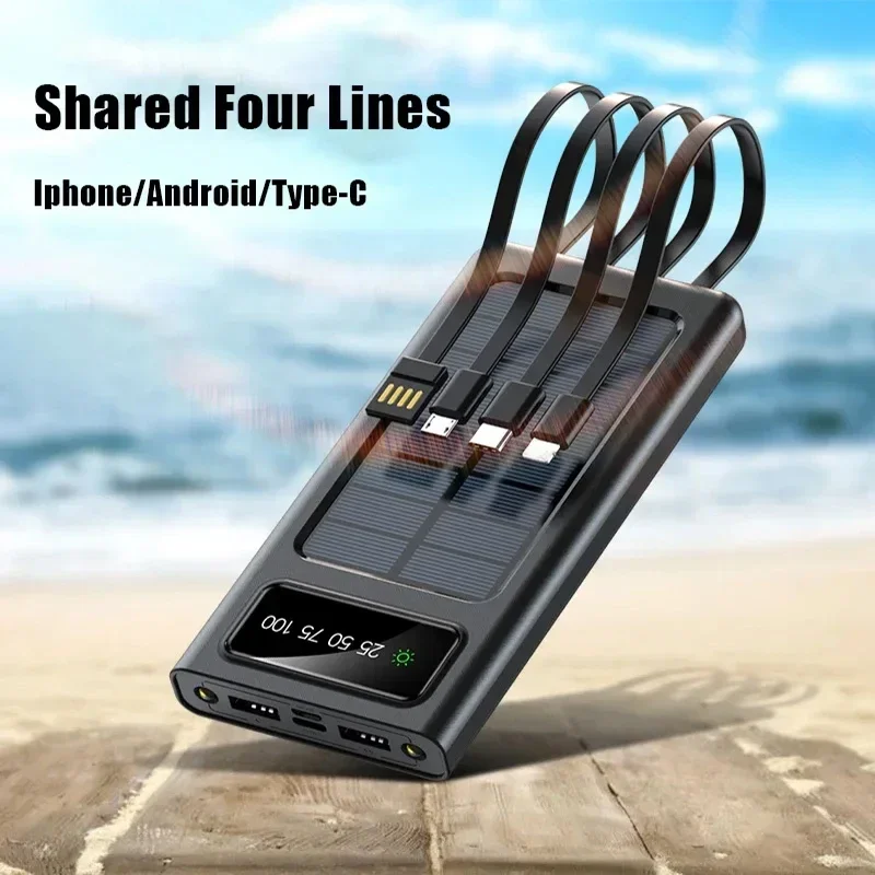For IPhone Huawei 20000mAh Solar Power Bank Large Capacity Mobile Power Fast Charging Battery With Dual USB 4 Cables