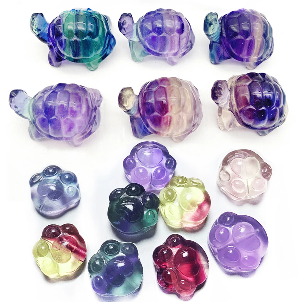 

5pcs Natural Colorful Fluorite Turtle Cat Claws Crystal Carving Crafts Desktop Home Decoration Crystal Crafts Garden Decor