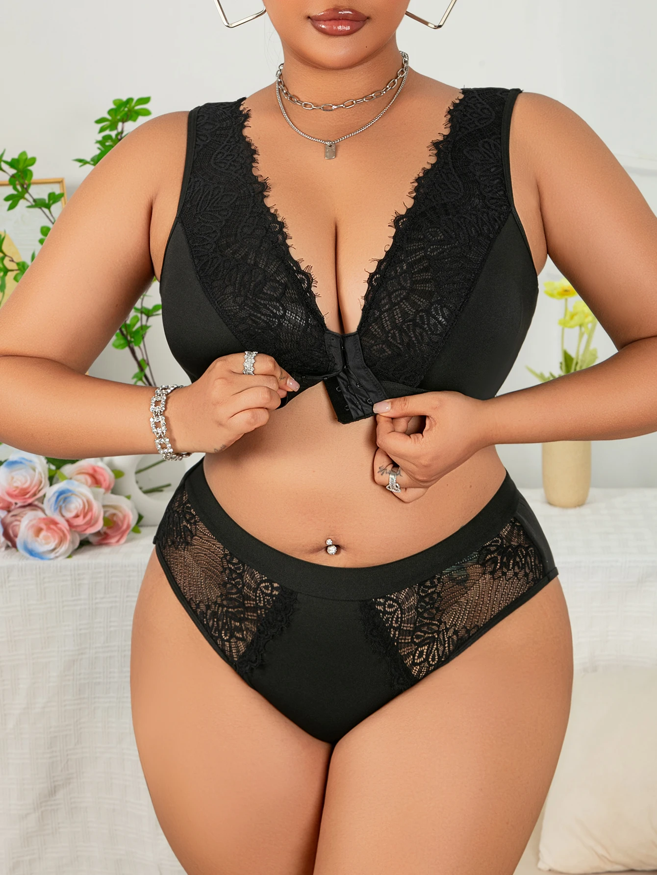 Plus Size Leopard Print Lingerie Set, Ultra-thin Sheer Front Closure Full Bust Support Bra